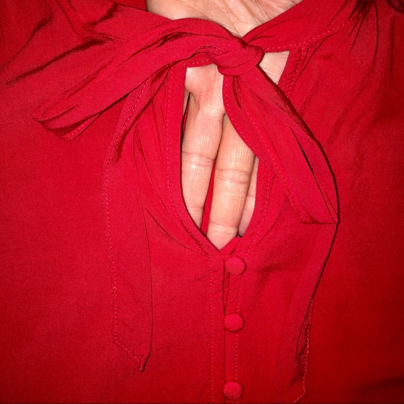 Vintage Inspired Red Blouse with Tie and Buttons, 3/4 Puffed Sleeve Levi's Small - Picture 4 of 15